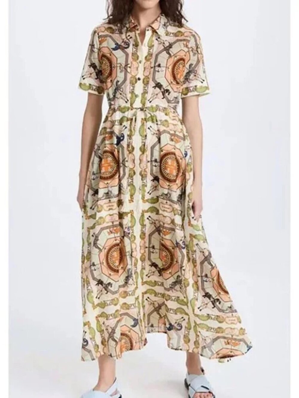 Tory Burch Carousel Print Midi Shirt Dress Cotton Animal Orange Printed S